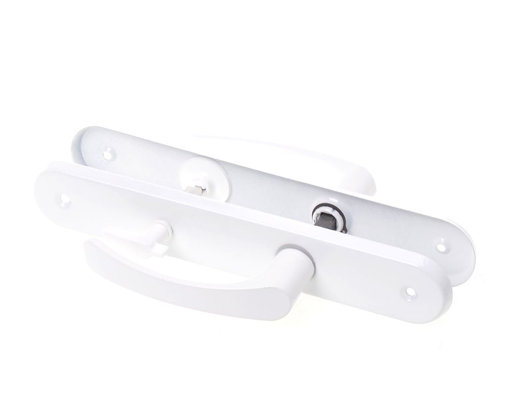 Two white door handles with long escutcheons are displayed on a white background.