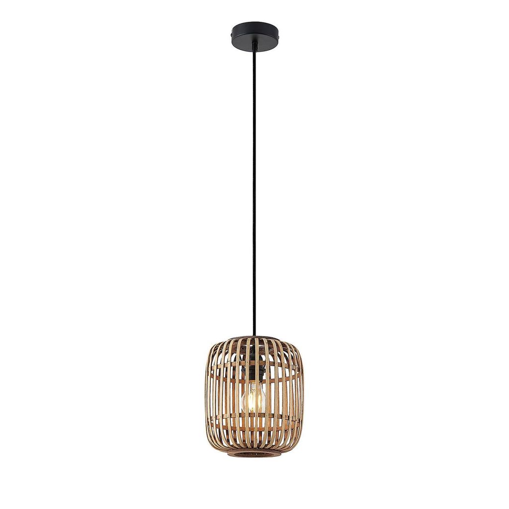 A pendant light with a natural rattan shade.