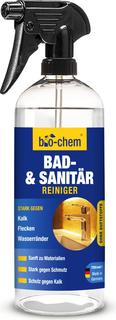 bio-chem Bad- und Sanitärreiniger - 750 ml - Badreiniger Spray, WC-Reiniger, Kalkentferner mit Lotuseffekt, Kalkreiniger für Bad, Dusche, WC, Sp...
