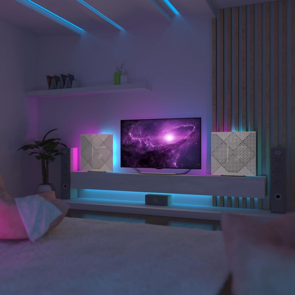 2er Pack Akustikpaneele "WILDS" mit RGB-Schreibtischlampe|Mobiler Ständer mit LED-Tischfuß|Für Podcast-Studios|50×50cm|Weiß glänzender Kunsts...