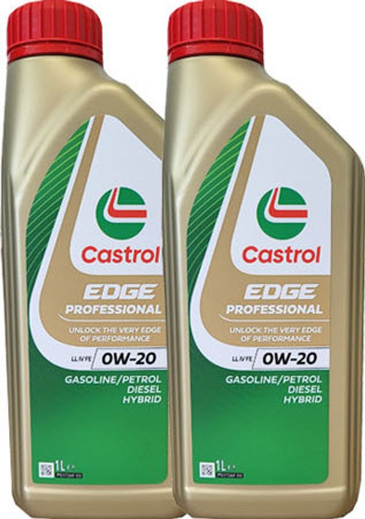 Two bottles of Castrol Edge Professional engine oil.