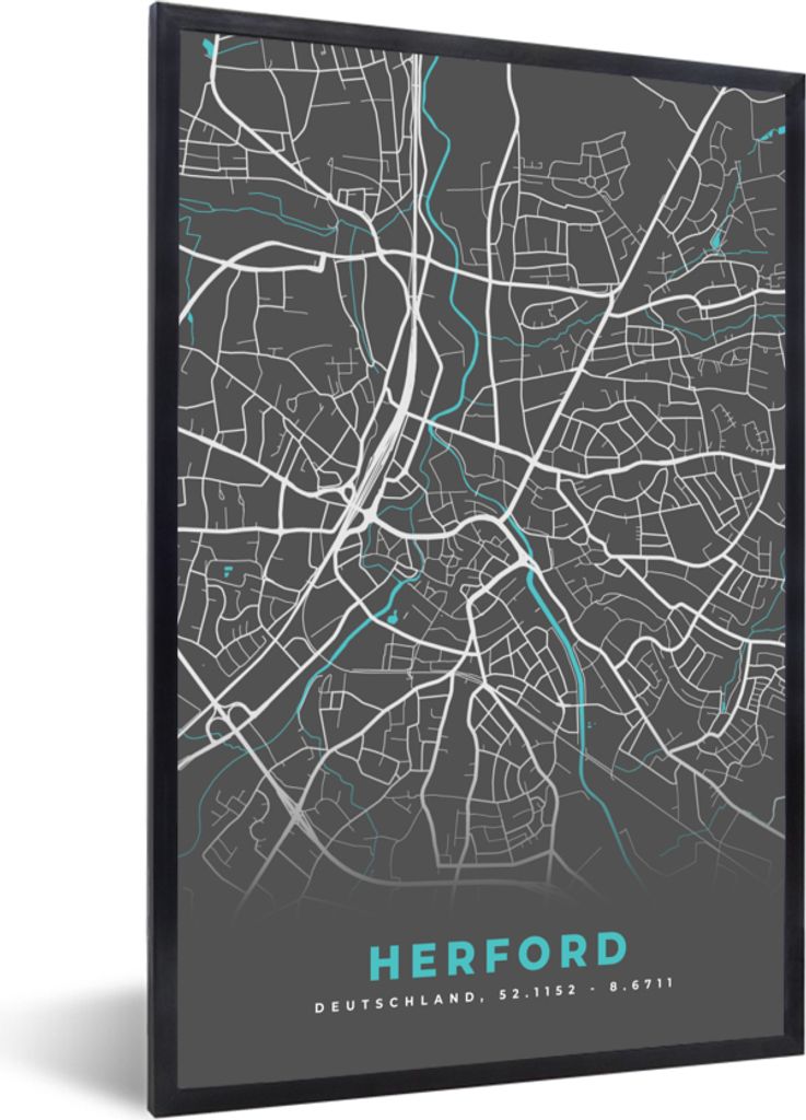 MuchoWow Gerahmtes Poster Stadtplan - Karte - Herford - Blau - Deutschland - Karte 60x90 cm - Poster mit Schwarzem Bilderrahmen Wandposter Rahmen...