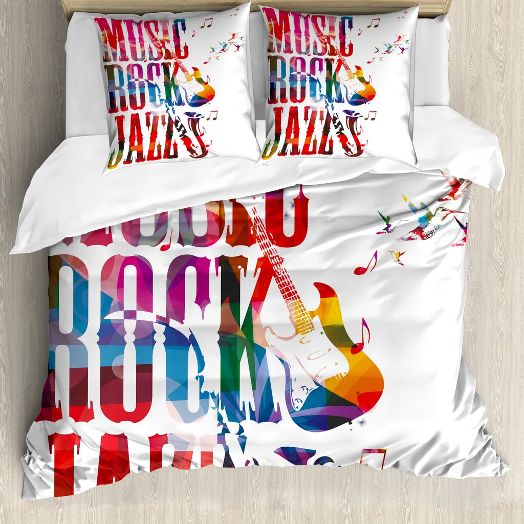 Copripiumino ABAKUHAUS Musical, scritta Rock Jazz, antiacaro, adatto a chi soffre di allergie, con federe, 155 cm x 220 cm - 80 x 80 cm, multicolore
