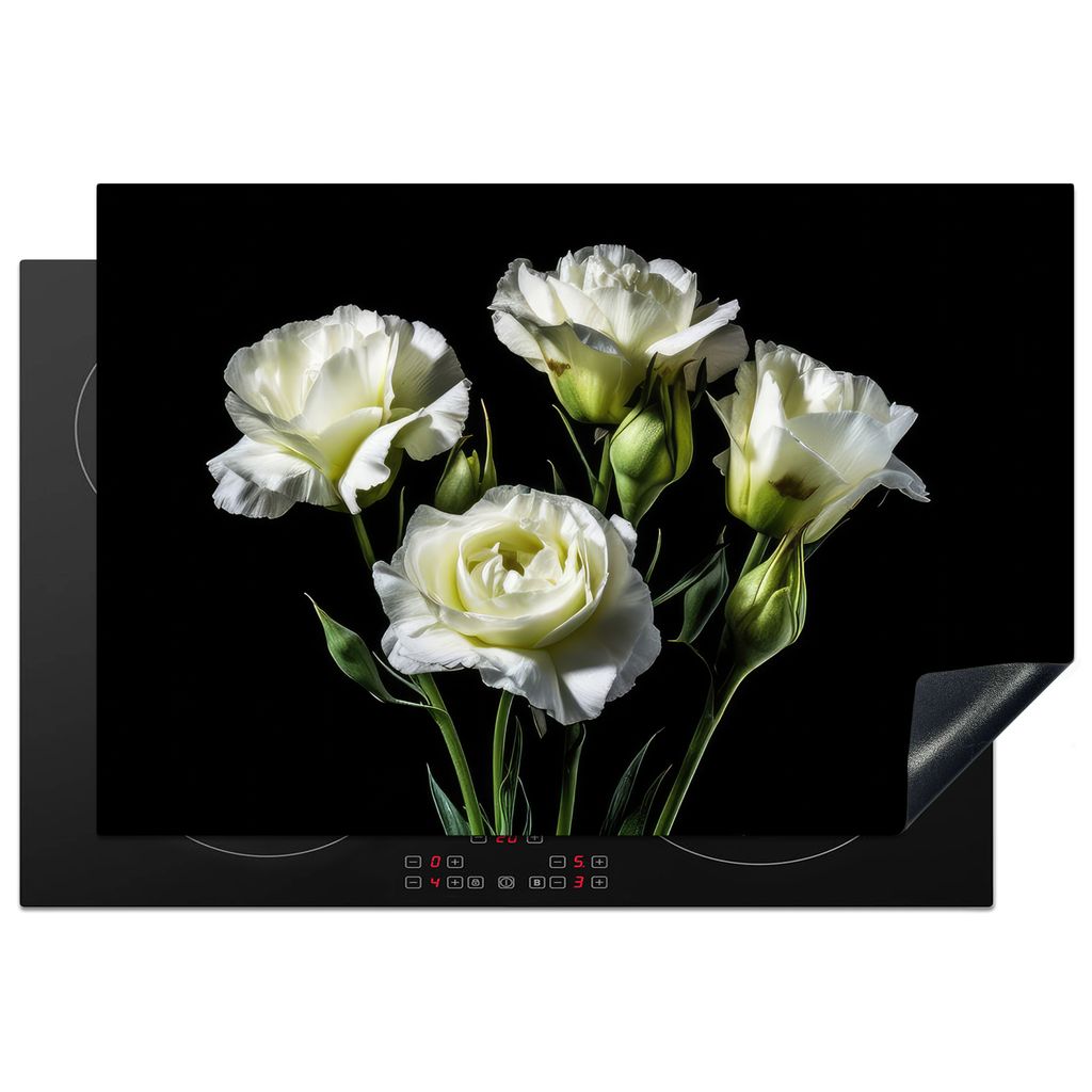 KitchenYeah Herdabdeckplatte Blumen - Rosen - Weiß - Botanisch - Schwarz , 76x51cm, Küche Deko, Glaskeramikkochfeld Herdabdeckung, Abdeckplatte...