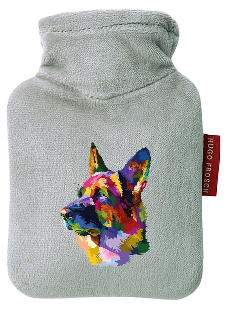 Huuraa Mini-Wärmflasche Deutscher Schäferhund Colorful 0,2 Liter Grey Mini Veloursbezug Taschenwärmer Geschenkidee