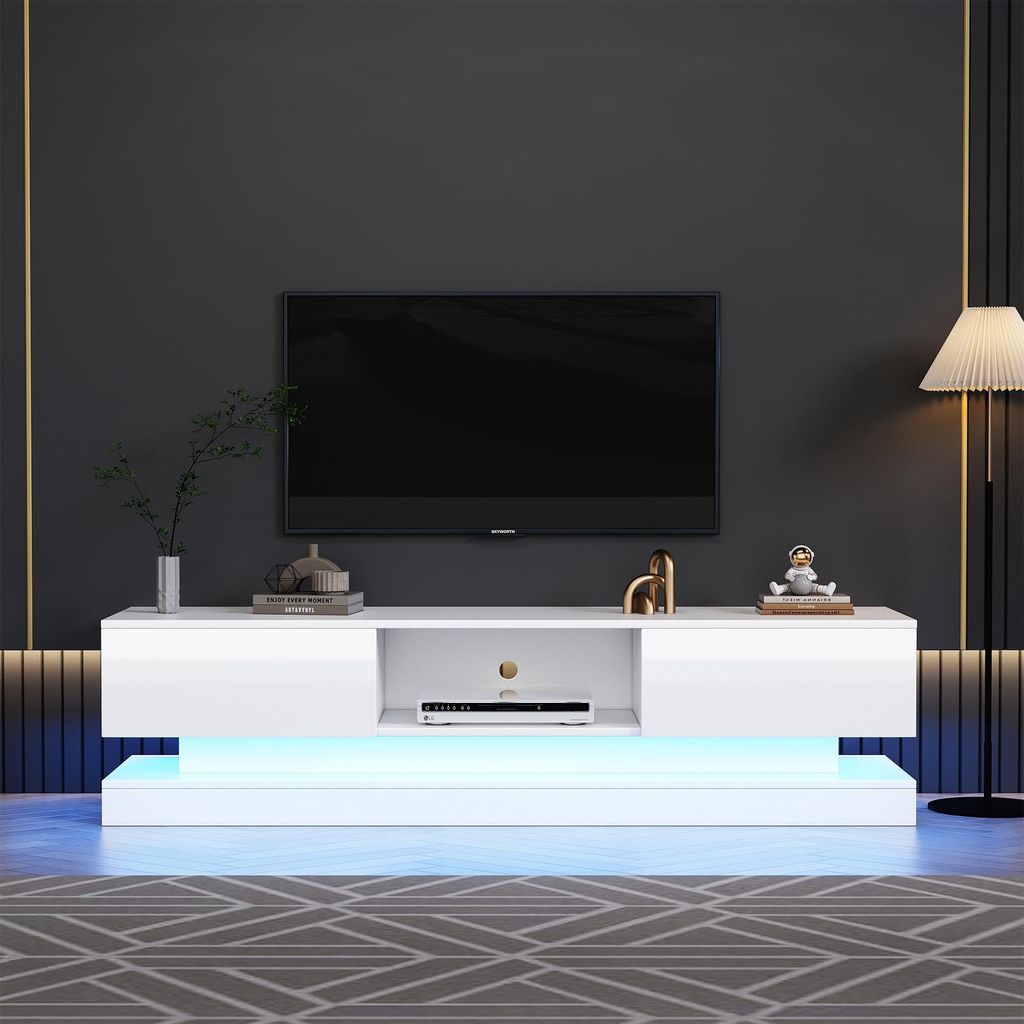 Sweiko 160x35x40.5cm Weißer Hochglanz-TV-Schrank mit LED-Beleuchtung, 2 Schubladen, App-Steuerung, Anti-Kipp-Design, für 60-Zoll-Fernseher,tv boa...