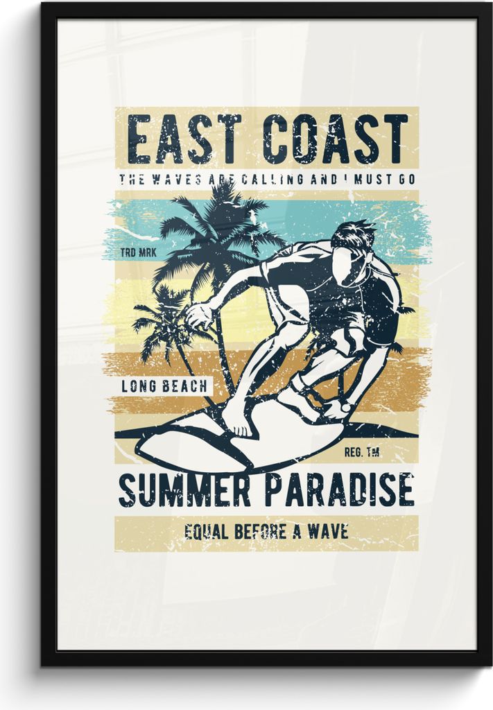 MuchoWow MuchoWow Gerahmtes Poster Surfbrett - Meer - Strand - Vintage 60x90 cm - Poster mit zchwarzem Bilderrahmen - Kunst