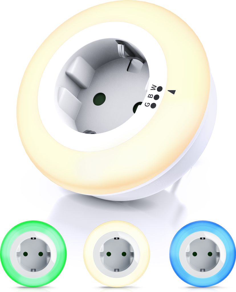 A white LED night light with a built-in socket, displaying different color options.