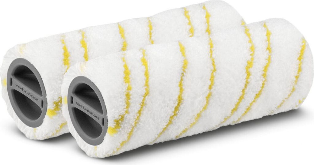 Two white cleaning rollers with yellow stripes and gray ends are shown on a white background.