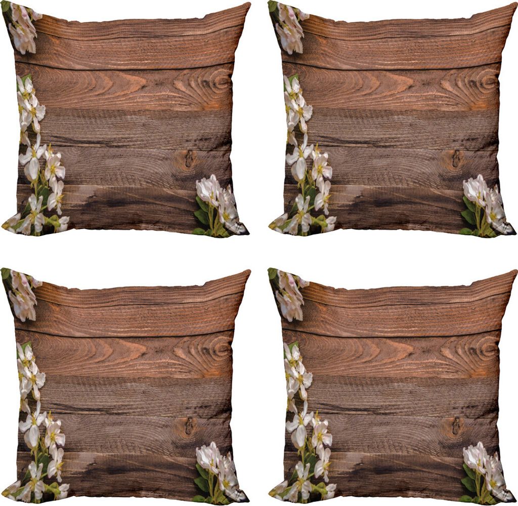 ABAKUHAUS rustikales Holz Kissenbezug Set (4 Stück), Weiße Blüten-Arrangement, Moderner Doppelseitiger Digitaldruck, 50 cm x 50 cm, Braun Elfenb...