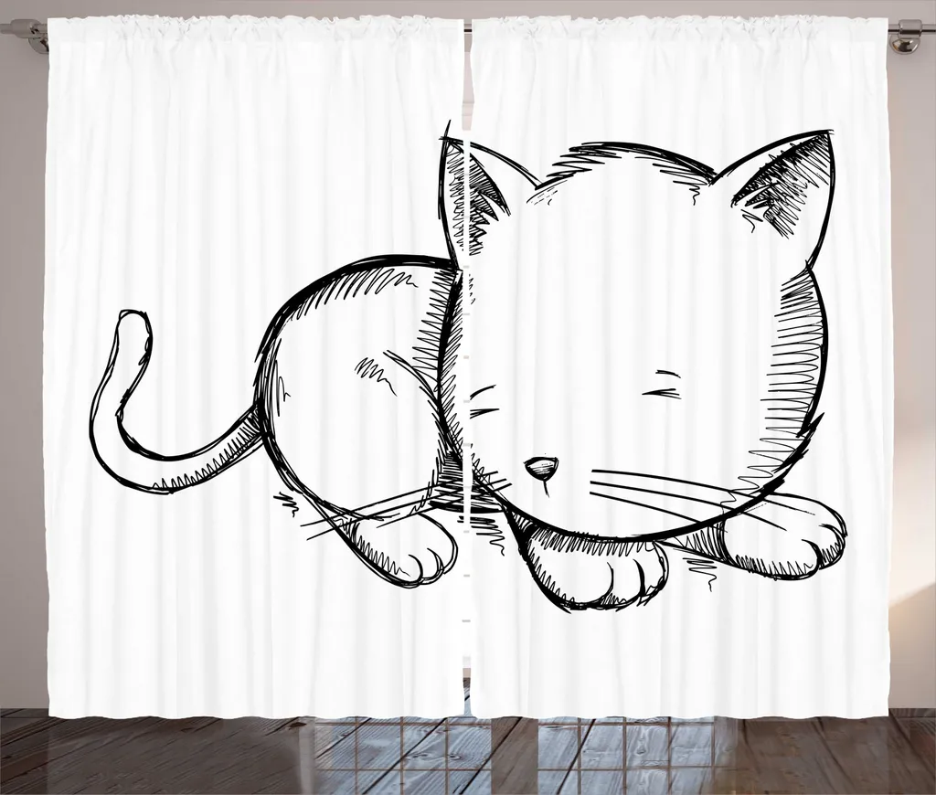Rideau rustique ABAKUHAUS Sleepy Chatons Noir et Blanc, 280 x 225 cm
