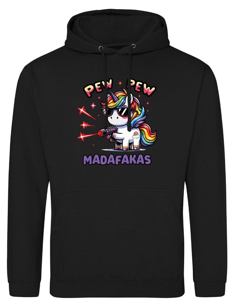 Huuraa Uni Hoodie Pew Pew cooles Einhorn M Deep Black Vegan Sweatshirt Geschenkidee