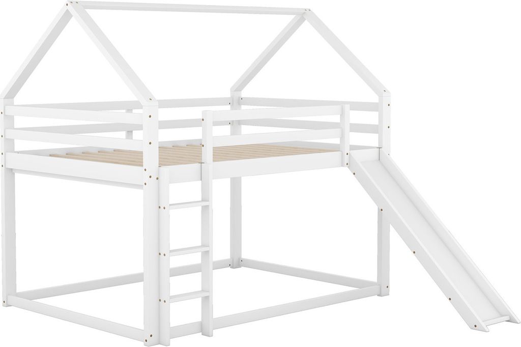 Doppelbett(Weiss,140x200cm)Kinderbett Hausbett Etagenbett mit Rutsche und Leiter, Kinderzimmer Hoch-Doppel-Stockbett