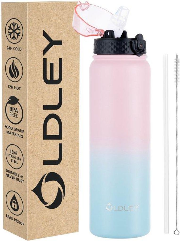 OLDLEY Edelstahl-Trinkflasche mit Strohhalm, 1 l isolierte Trinkflasche, -freie Thermosflasche – Auslaufsichere Metall-Trinkflaschen halten Getr...