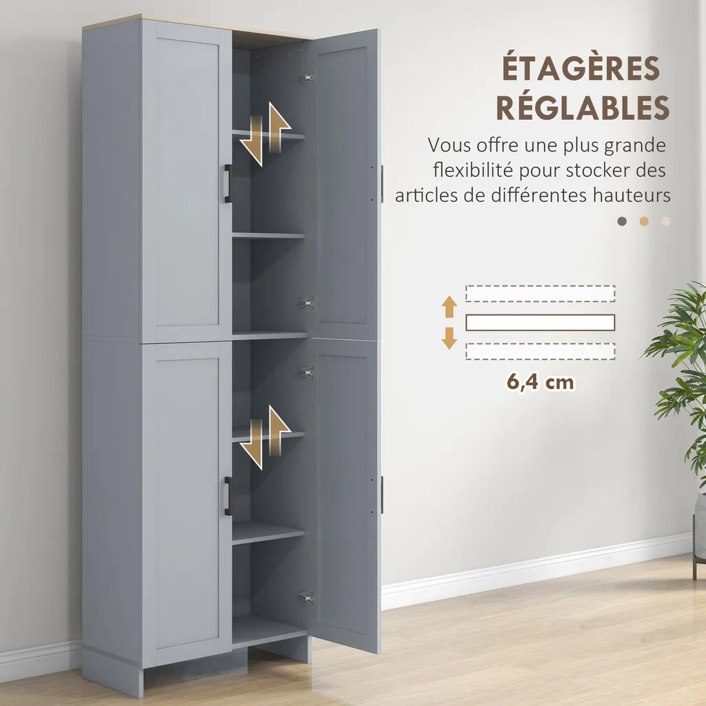 Buffet de cuisine multi-rangements gris avec 2 étagères modulables - 4