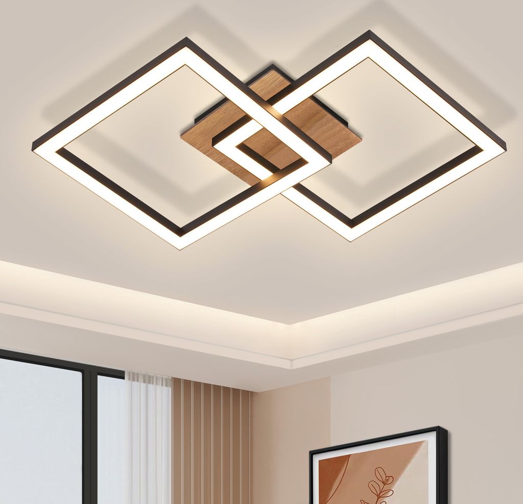 ZMH LED Deckenleuchte Deckenlampe  Holz 3000K Warmweiß Modern Design 24W  Klein Eckig Flurlampe Wohnzimmerlampe für Küche Schlafzimmer Esszimmer