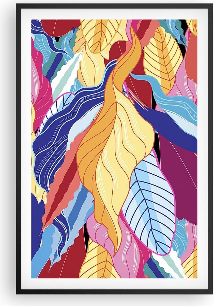 Gerahmtes Poster - Schwarzer Rahmen - Muster Blätter bunt - 61x91,5 cm - Wand Bild - Wanddeko - Wandbilder - Kunstposter - Wandposter - Bilderrahm...
