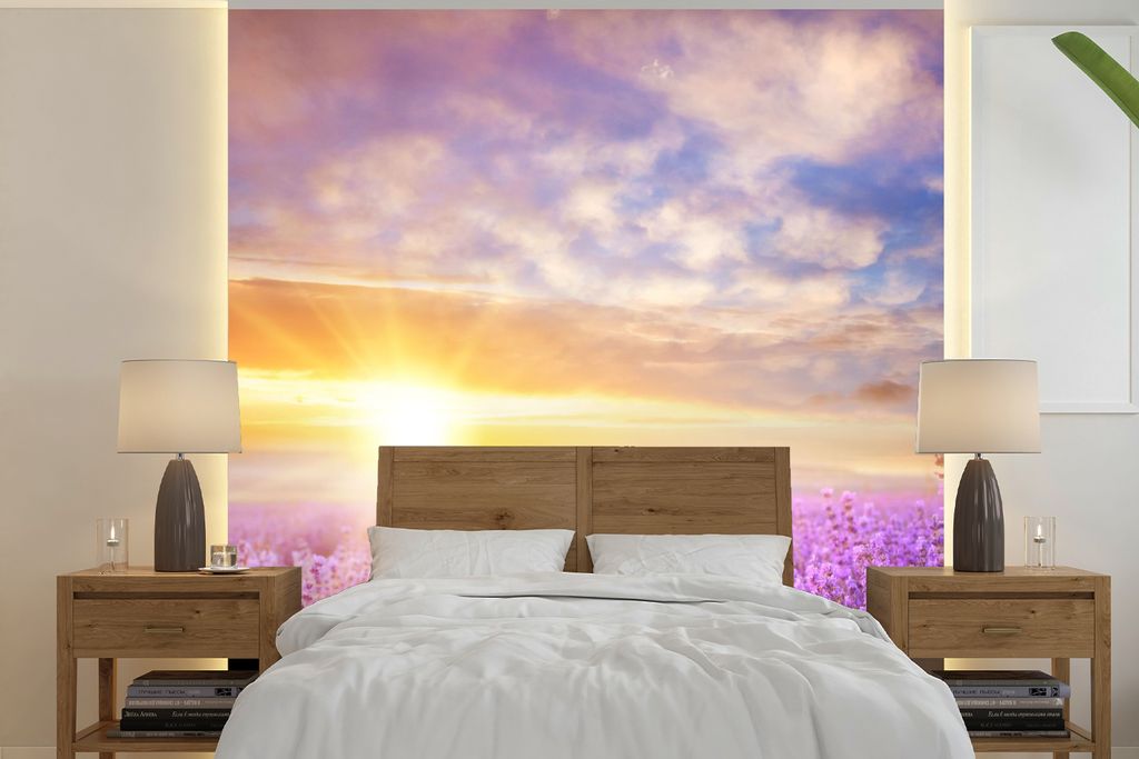 MuchoWow Fototapete für Wohnzimmer oder Schlafzimmer Wandtapete Vinyl Motivtapete Lavendel - Sonne - Himmel - Natur - 260x260 cm - Papiertapeten
