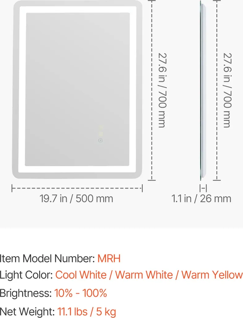 Miroir de salle de bain LED 50x70cm avec luminosité variable réglable - 2