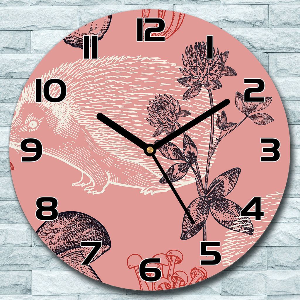 Wanduhr aus Glas Rund fi 30 Pilze mit Igel Quarz Deko Produktbild 