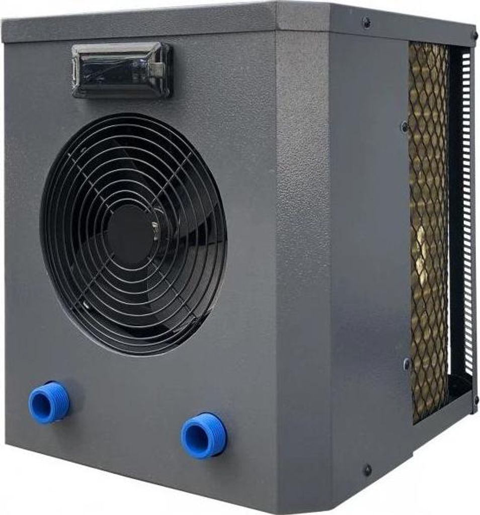 A gray heat pump with a fan on the front and a mesh panel on the side.