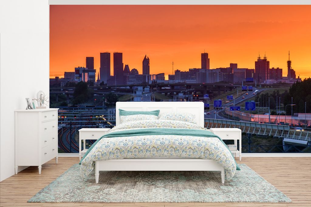 MuchoWow Fototapete für Wohnzimmer oder Schlafzimmer Wandtapete Vinyl Motivtapete Den Haag - Sonne - Brücke - 500x280 cm - Fototapeten