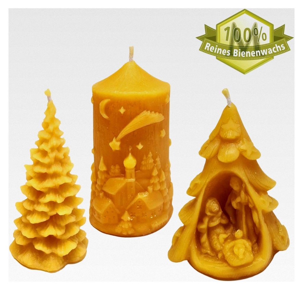 Handgegossene Bienenwachs-Weihnachtskerze - Goldgelb - Tannenbaumform mit Krippe - 43x80mm - 3,5 Stunden Brenndauer - 100% Reines Bienenwachs - Dek...
