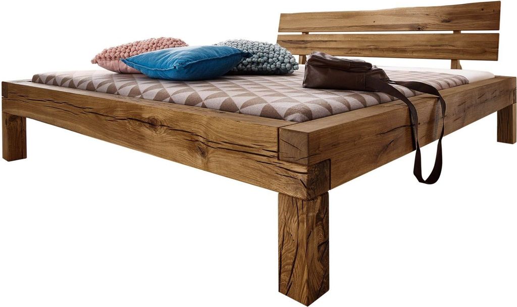 MASSIVMOEBEL24 Balkenbett Wildeiche 140x200 tabacco geölt JANGALI #410