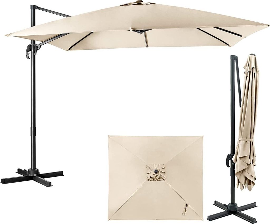 KOMFOTTEUAmpelschirm, Balkon Sonnenschirm Rechteckig, Gartenschirm knickbar & höhenverstellbar, Strandschirm 300 cm mit Kreuzbasis, Marktschirm St...