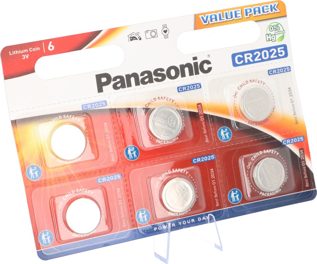 A blister pack of Panasonic CR2025 lithium coin batteries.