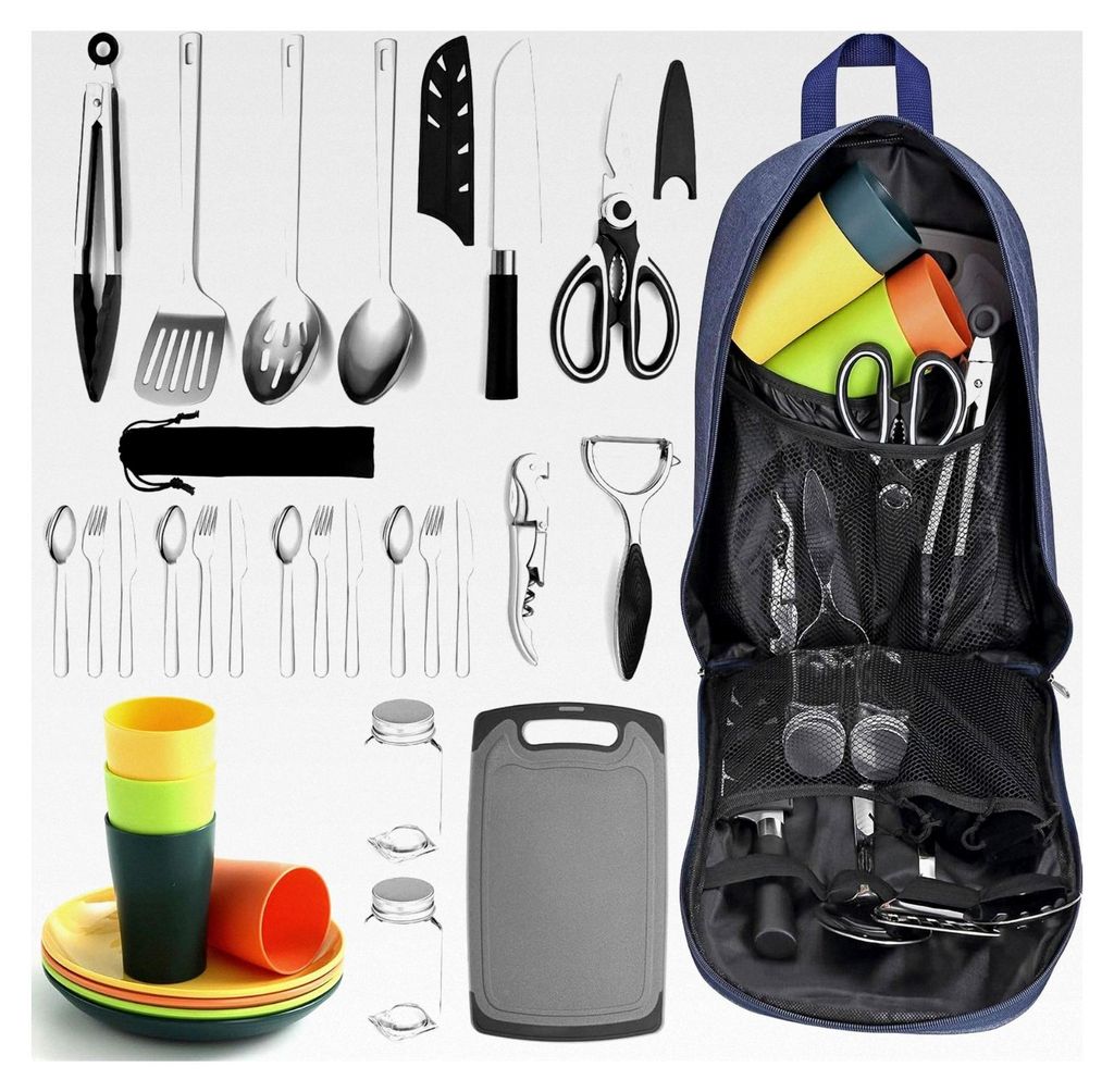 Camping-Essentials, Kochutensilien-Set für Camping, unverzichtbares Campingzubehör mit Bestecksets, Tellern und Tassen, ideal für Outdoor-Kochen...
