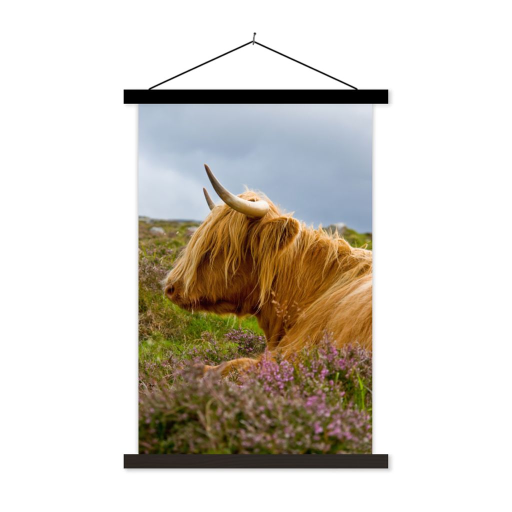 MuchoWow Textilposter Scottish Highlander - Blumen - Gras 120x180 cm mit schwarzem Rahmen - Fotos
