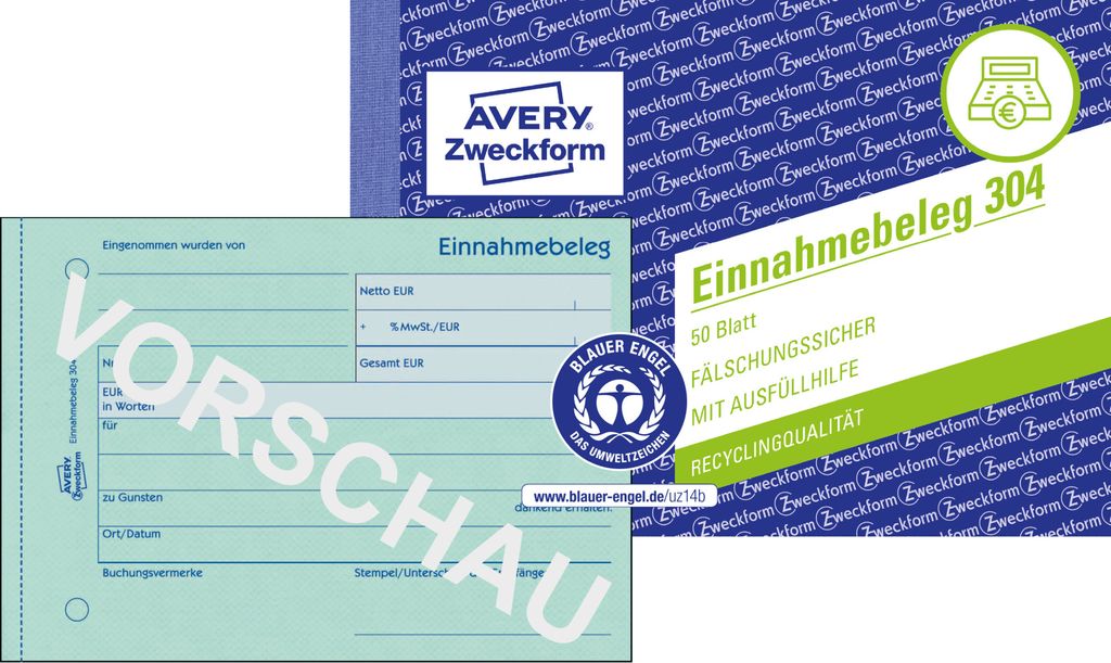 Avery Zweckform 304, Einnahmebeleg, A6 quer, grün, 50 Originale, 50 Blatt