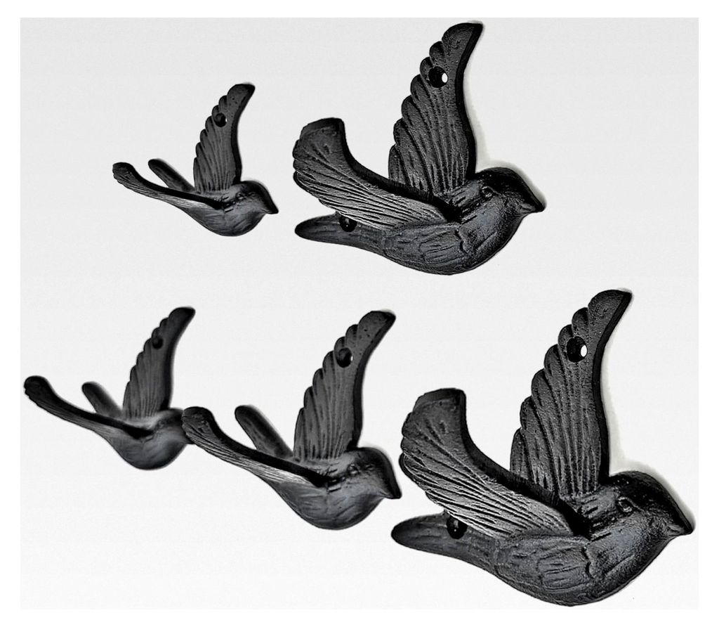 5er-Set Kleiderhaken im Vogelstil, antik-schwarze Haken für Mäntel, Hüte und mehr, stabile Gusseisenkonstruktion, rustikales Design, einfache Mo...