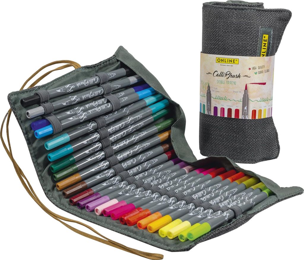 24 Calli.Brush Pens Double Tip mit Kalligrafie-Spitze 2mm und flexibler Pinselspitze, Intensive Farben, in Inspiration Roll Pouch aus weichem Textil
