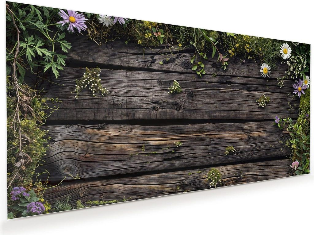 Glasbild 120x60cm in XXL für Wohnzimmer, Schlafzimmer Motiv Holz mit Blumen