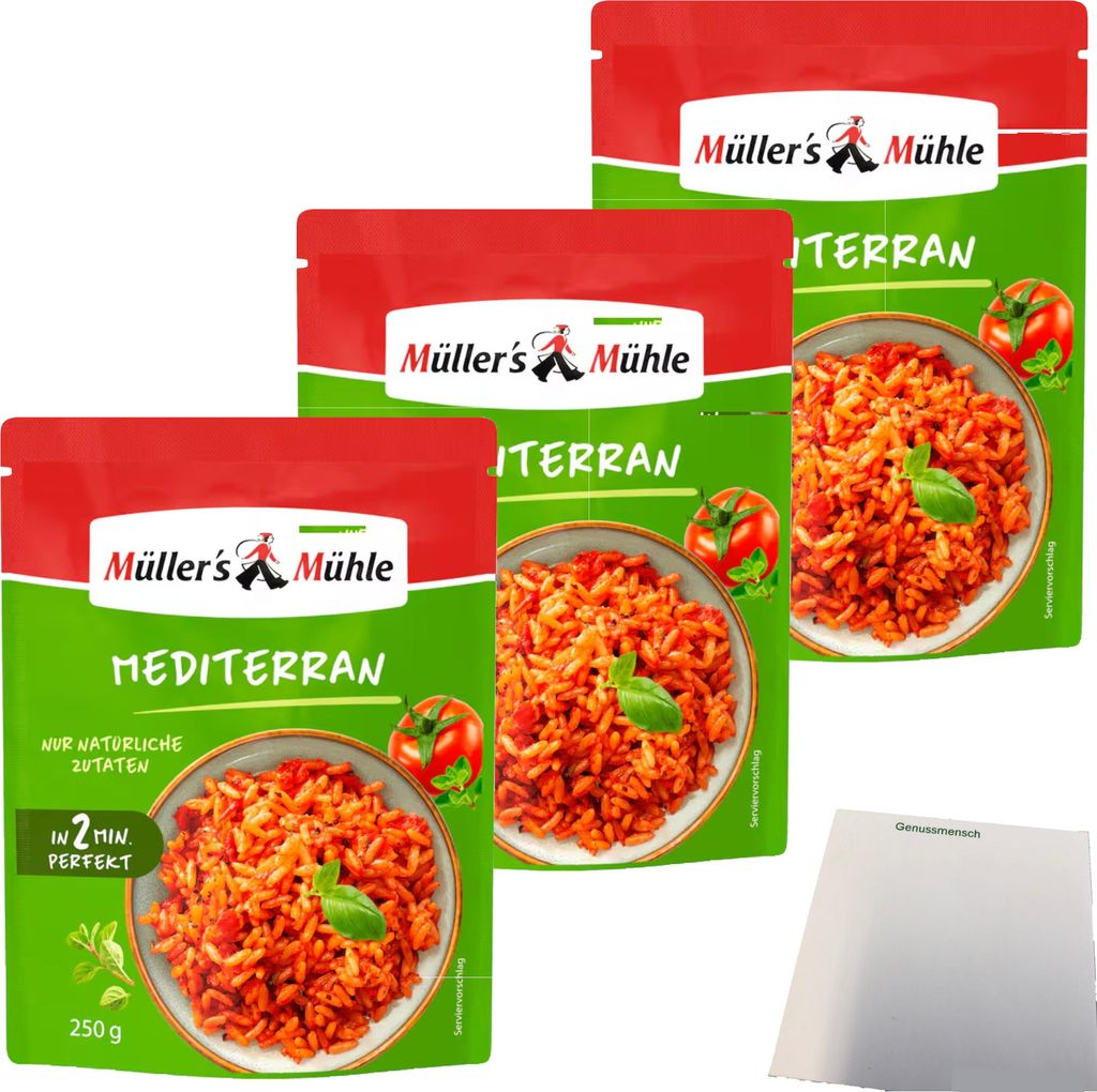 Müller's Mühle 2 Minuten Reis Mediterran 3er Pack (3x250g Beutel) + usy Block