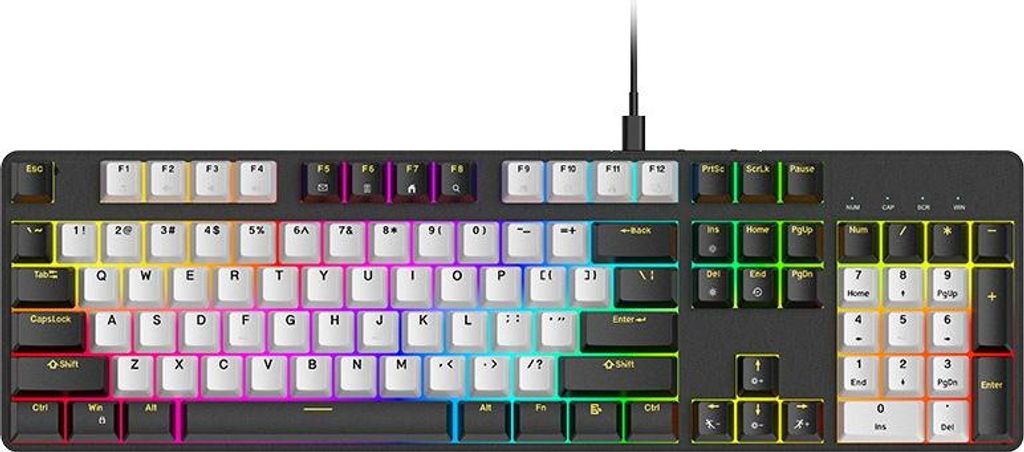 INF Mechanische Tastatur mit Kabel, 104 Tasten, Schwarz-Weiß, RGB Beleuchtung