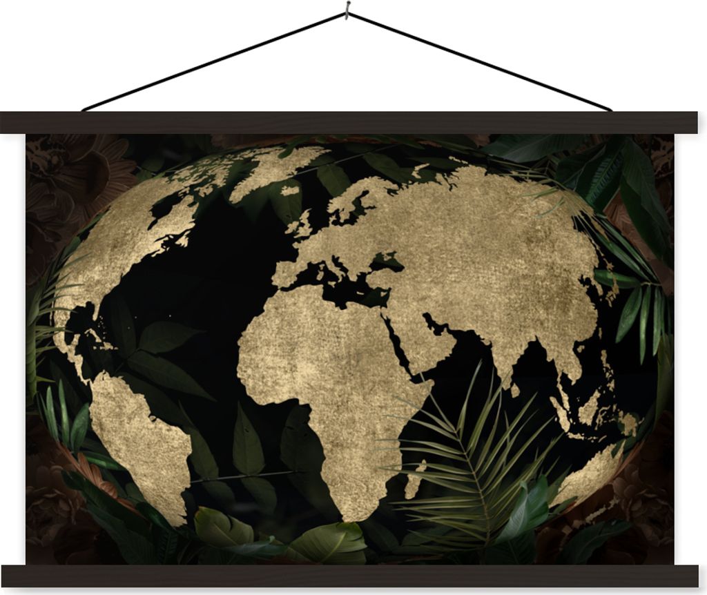 MuchoWow Textilposter Weltkarte - Pflanzen - Vintage 150x100 cm mit schwarzem Rahmen - Schlafzimmer