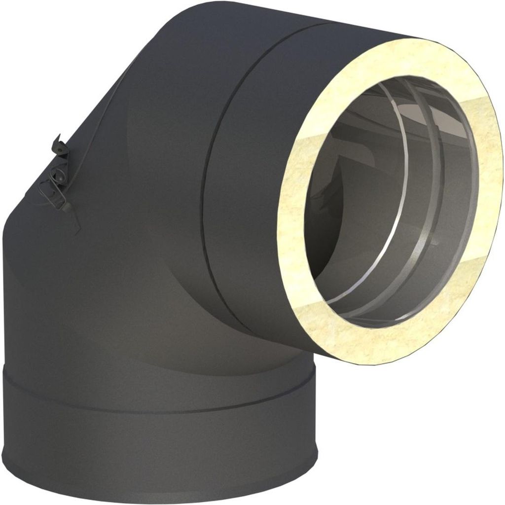 Jeremias DW-Black 130mm 90° Winkel mit Revision runder Öffnung schwarz matt pulverbeschichtet Schornstein Abgasanlage