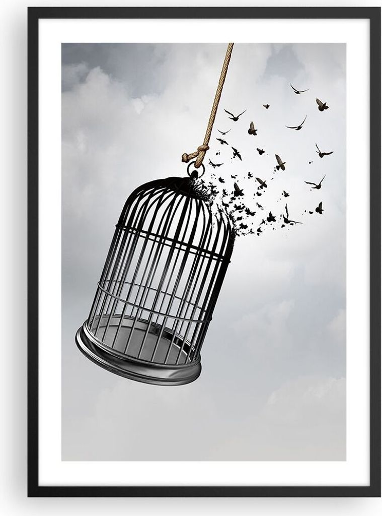 Gerahmtes Poster - Schwarzer Rahmen - Freiheit Käfig Vögel - 50x70 cm - Wand Bild - Wanddeko - Wandbilder - Kunstposter - Wandposter - Bilderrahm...