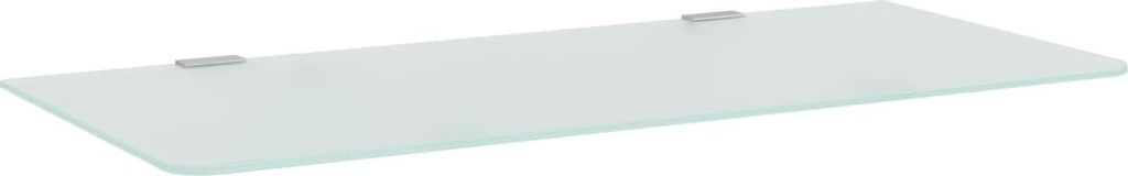 A clear, professional shot of a glass shelf with two mounting brackets, isolated on a white background.