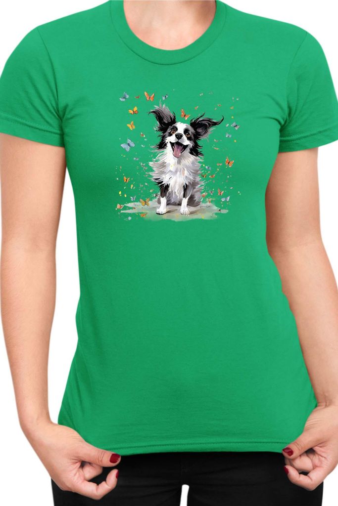 Damen T-Shirt Funny Dogs Breeds Papillon Dog Breed, Lady XL / Grün