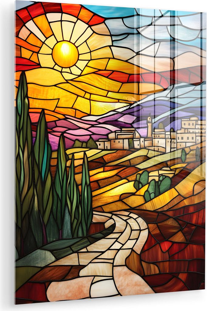 MuchoWow Glasbilder - Bilder auf Wandbild - Foto auf Glas Mosaik - Sonne - Landschaft - Dorf 30x40 cm Wanddekoration aus Glas - Acrylglasbild - Acr...
