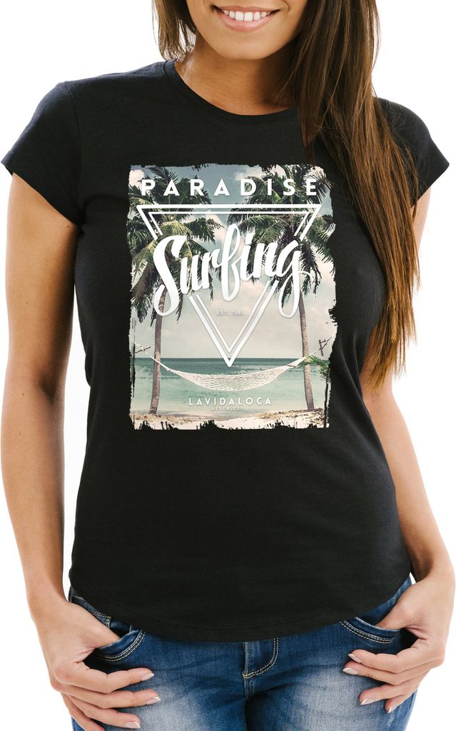 Damen T-Shirt Excotic Island Paradise Summer Sommer Slim Fit Neverless schwarz L