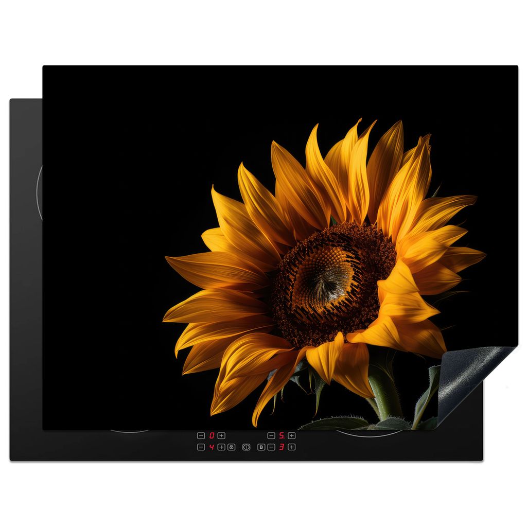 KitchenYeah Herdabdeckplatte Blumen - Botanisch - Schwarz - Sonnenblume , 77x59cm, Küche Deko, Glaskeramikkochfeld Herdabdeckung, Abdeckplatte f...