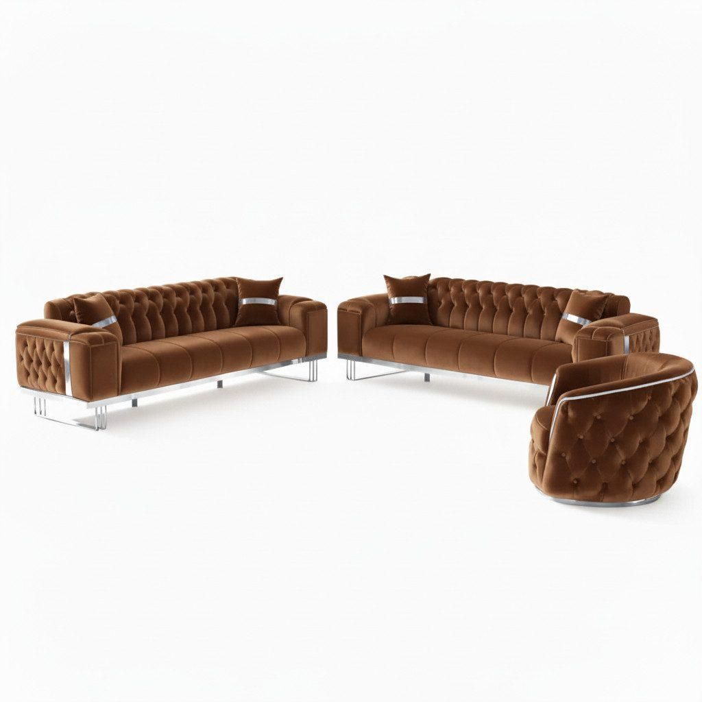 Sofa Imperial Premium Chromfarben, 3-Sitzer mit Schlaffunktion, Sitzausführung wählbar Ausführung: 3-Sitzer + 2-Sitzer + Sessel Farbe: Braun