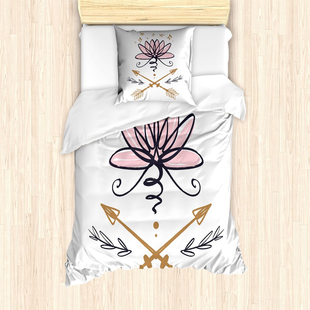 ABAKUHAUS Bohemien Bettbezug Set für Einzelbetten, Lotus and Arrows Sketch, Milbensicher Allergiker geeignet mit Kissenbezug, 135 cm x 200 cm - 80...