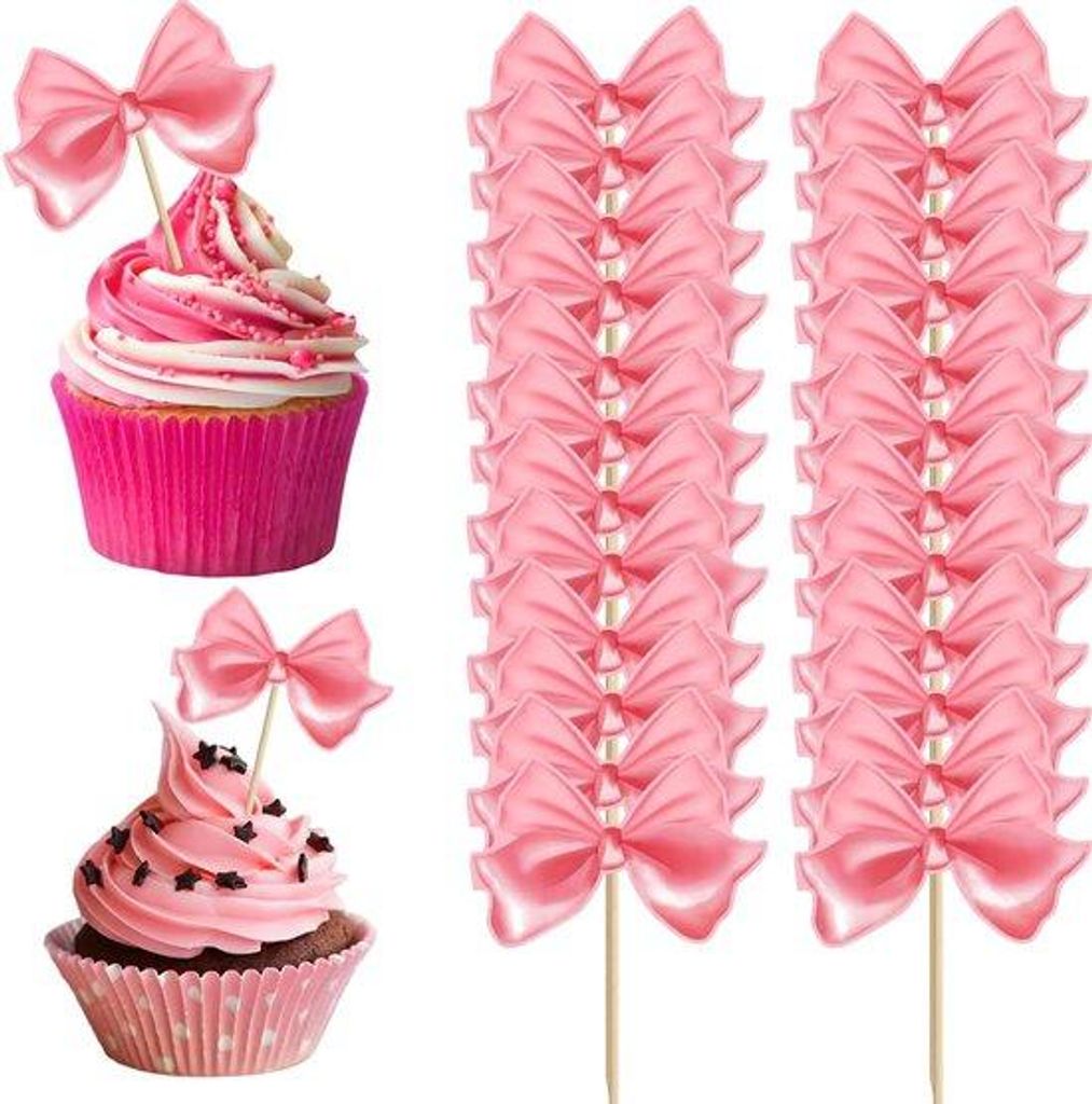 Allecto plus – 24 Stück rosa Schleifen als Partydekoration und Cupcake-Dekorationen für Geburtstagskuchen – Ideal für Hochzeiten und Geburts...