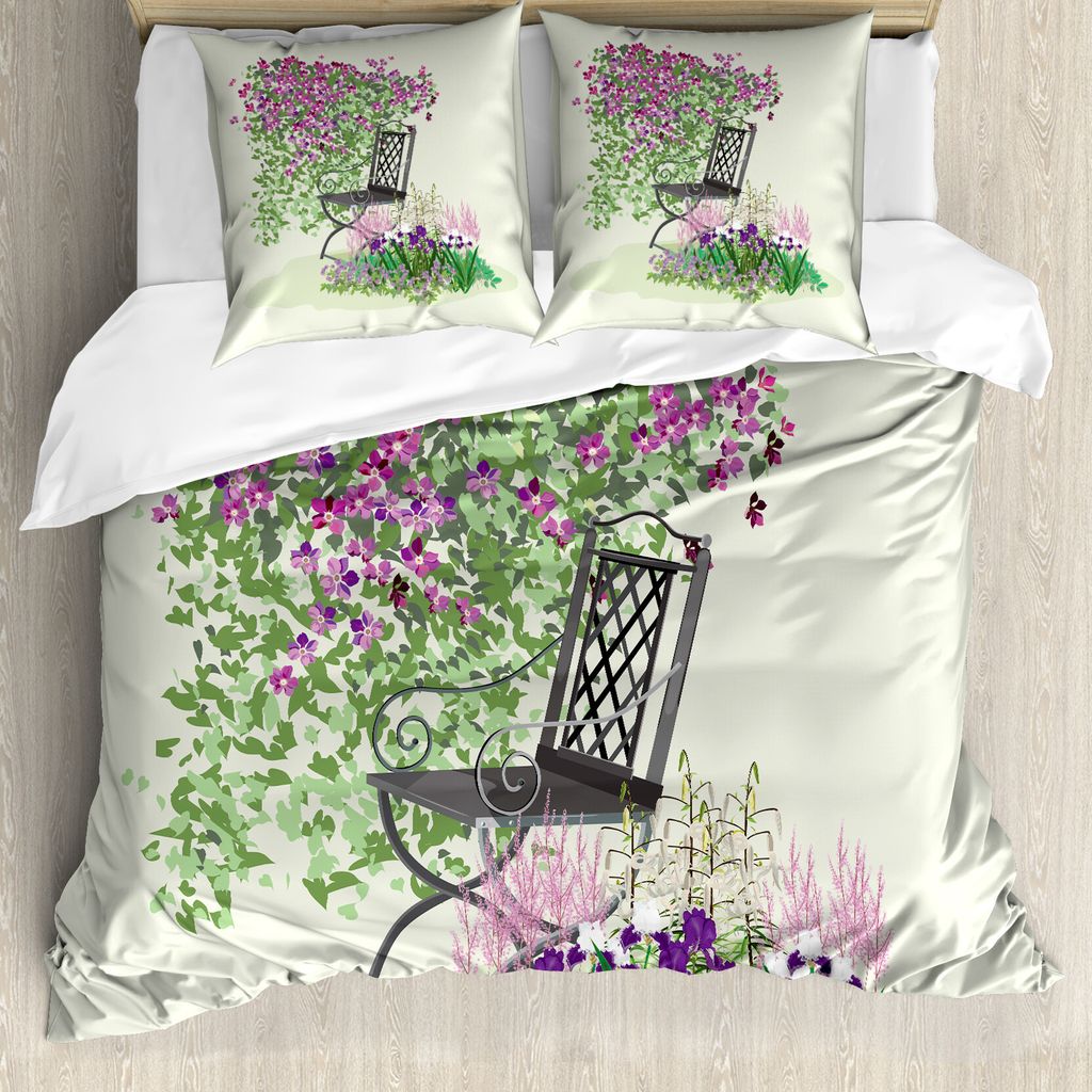 ABAKUHAUS Garten Bettbezug, Blumen Blooming Garden, Milbensicher Allergiker geeignet mit Kissenbezügen, 155 cm x 220 cm - 80 x 80 cm, Lila Grün